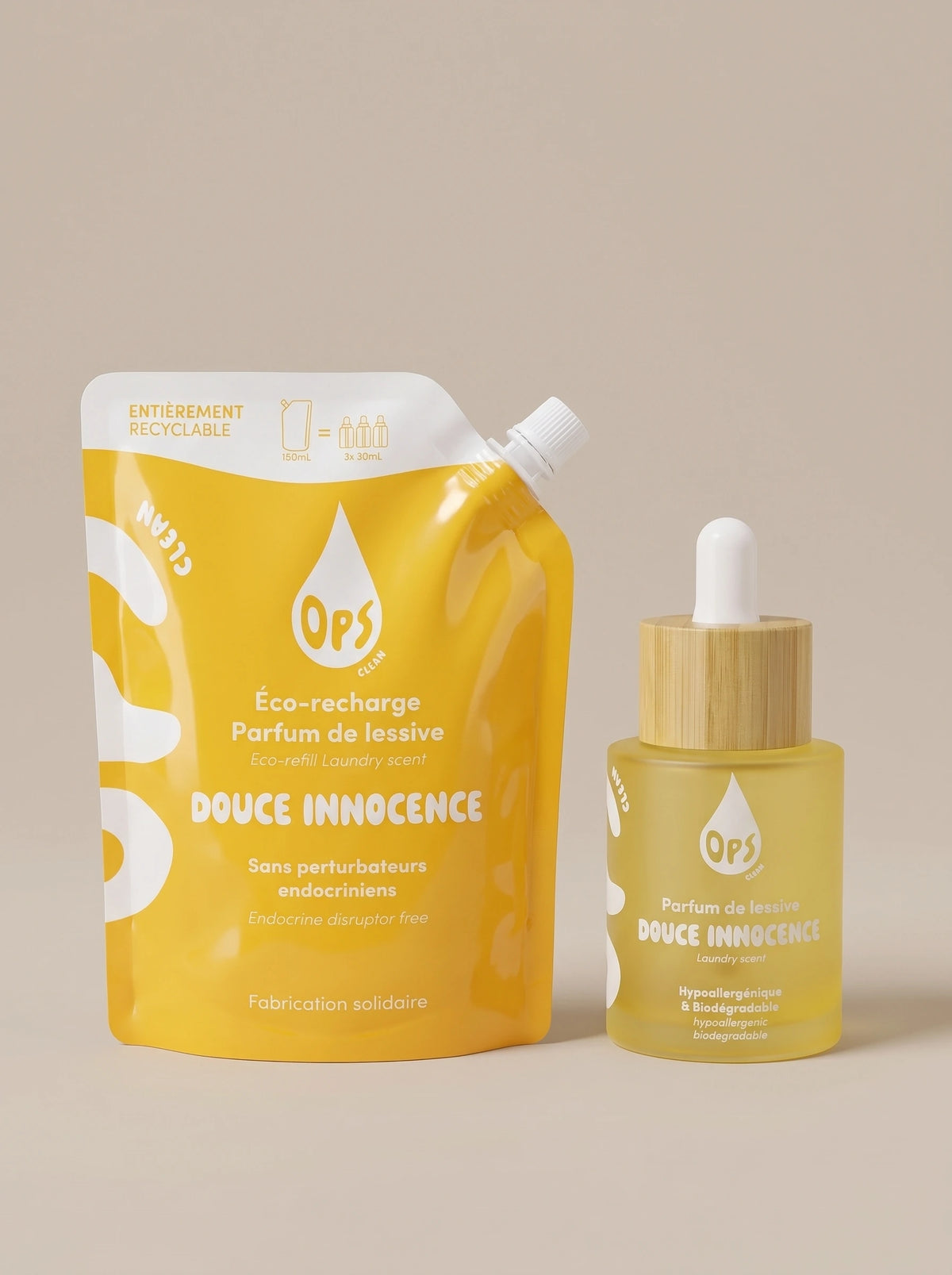Éco-recharge Douce Innocence 150 ml à côté du flacon en verre 50 ml