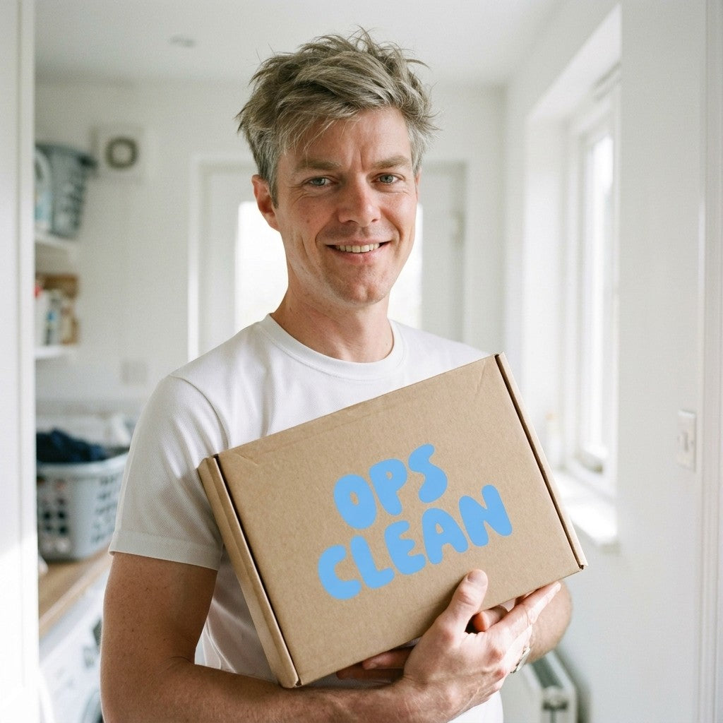 Jean-Baptiste avec un colis Ops Clean